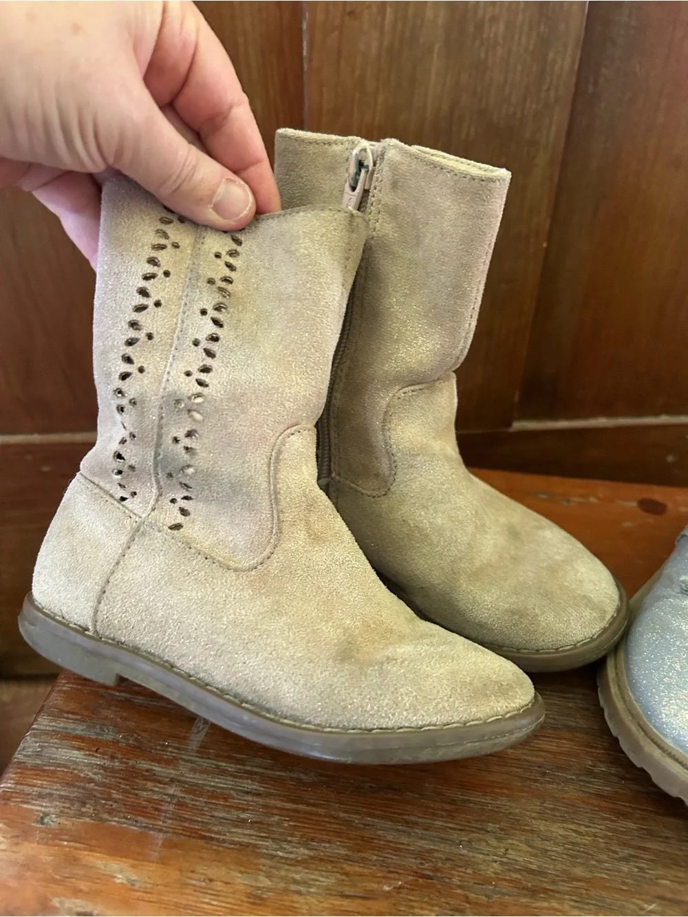 Girls Light Gray Suede Pull-On Boots and Shimmery Blue Lace-Up Boot Set